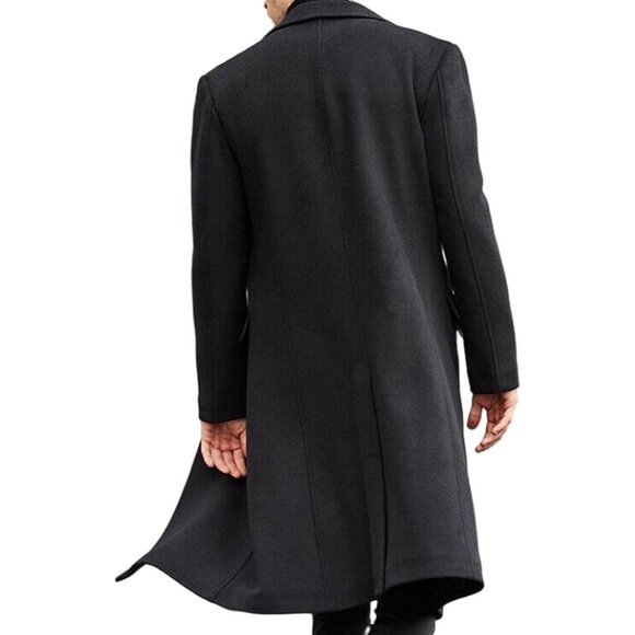 Men's Black Slim Fit Notched Collar Long Casual Trench Coat with Pocket - Picture 2 of 6